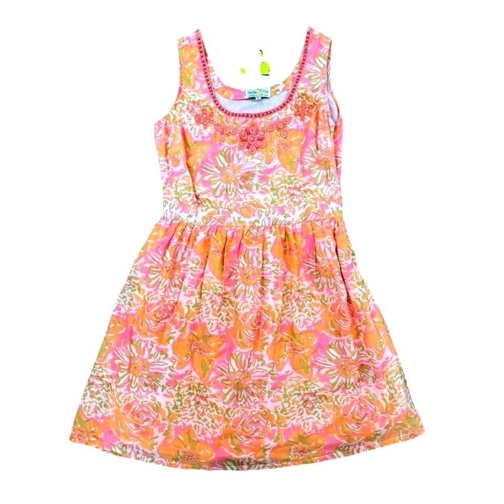 Bella Tu S Floral Cotton Sundress Beaded Embellished Neckline Lined‎ NWT